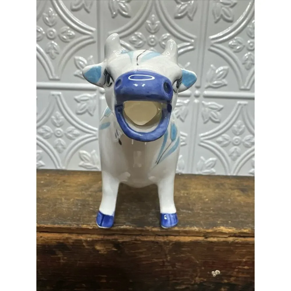 Vtg. Enesco Ceramic Cow Creamer Delft Blue Flowers GilmoreGirls Cottage Core